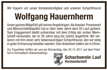 Traueranzeige von Wolfgang Hauernherm von Pegnitz-Zeitung